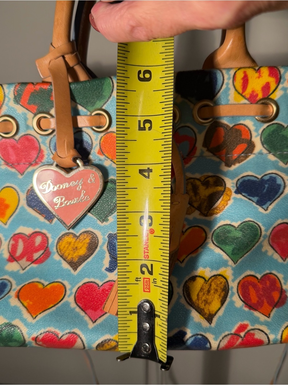 Y2K Dooney & Bourke Turquoise Multicolor Heart Print Leather-Trim Tote - Picture 8 of 8